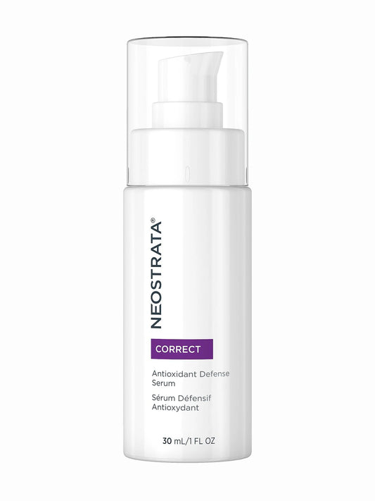 A white bottle of NeoStrata Skin Active Antioxidant Defense Serum with a pump dispenser, labeled for correcting skin issues related to aging.