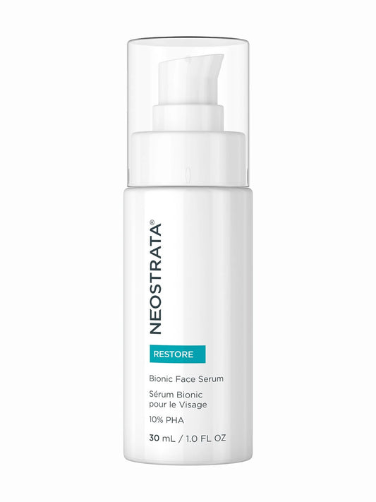 A white bottle with a pump dispenser labeled NeoStrata Bionic Face Serum, intended for nighttime use on the face and neck.