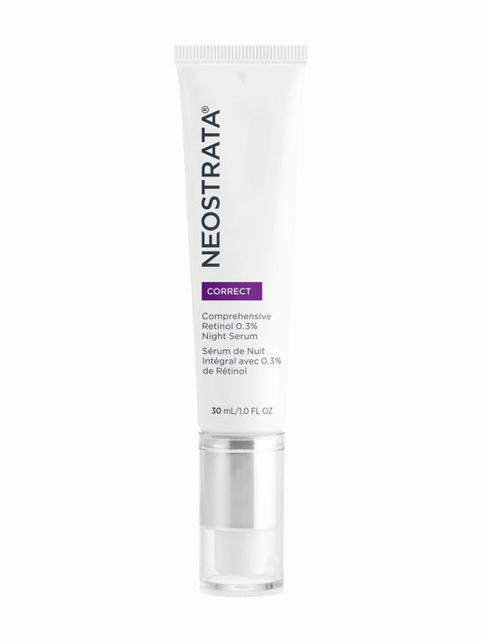 A tube of NeoStrata Comprehensive Retinol 0.3% Night Serum with a white and purple label, designed for skincare.