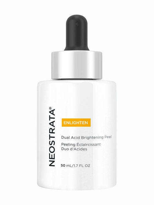 A bottle of Neostrata Dual Acid Brightening Peel with a dropper top, labeled for skin brightening and exfoliation.