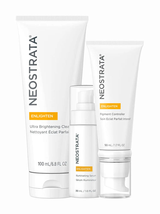A set of three NeoStrata skincare products including an ultra brightening cleanser, an illuminating serum, and a pigment controller, packaged in white tubes with the brand name and product details printed on them.
