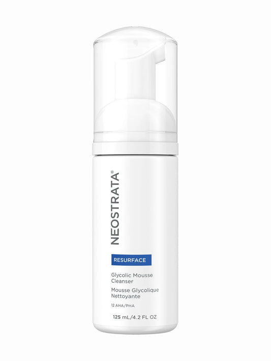 A pump bottle of NeoStrata Glycolic Mousse Cleanser with white and blue labeling, 125ml size.