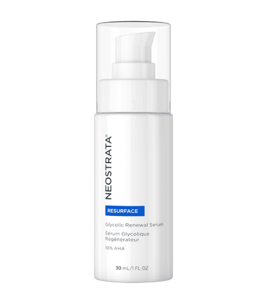 A white pump bottle labeled NeoStrata Glycolic Renewal Serum, 30ml.