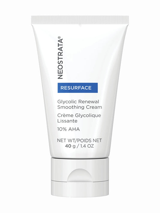 NeoStrata Glycolic Renewal Smoothing Cream in a white tube with blue and blue-green text, indicating it is a skin care product designed for resurfacing and smoothing the skin.