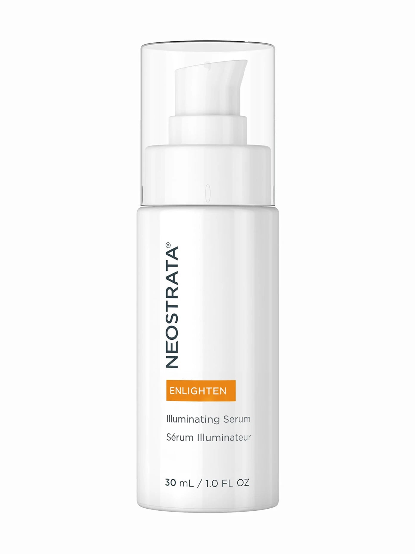 A pump bottle of NeoStrata Illuminating Serum with a white and orange label, indicating that it is a brightening serum designed for skin exfoliation and lightening.