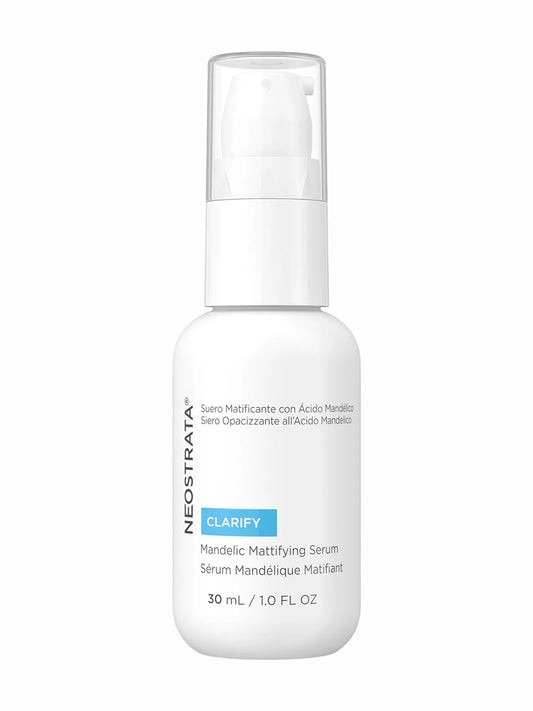 A pump bottle of NeoStrata Mandelic Mattifying Serum with a white and blue label, indicating 30ml volume.