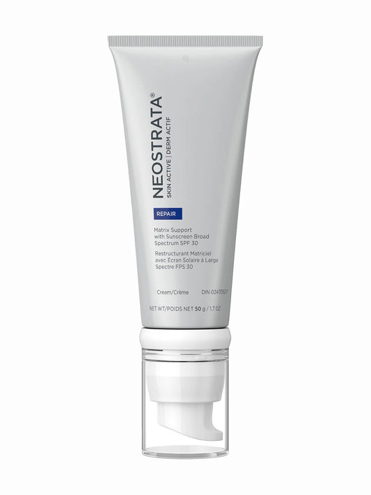 Tube of NeoStrata Matrix Support SPF30 sunscreen cream with a white and blue label, designed for mature skin.