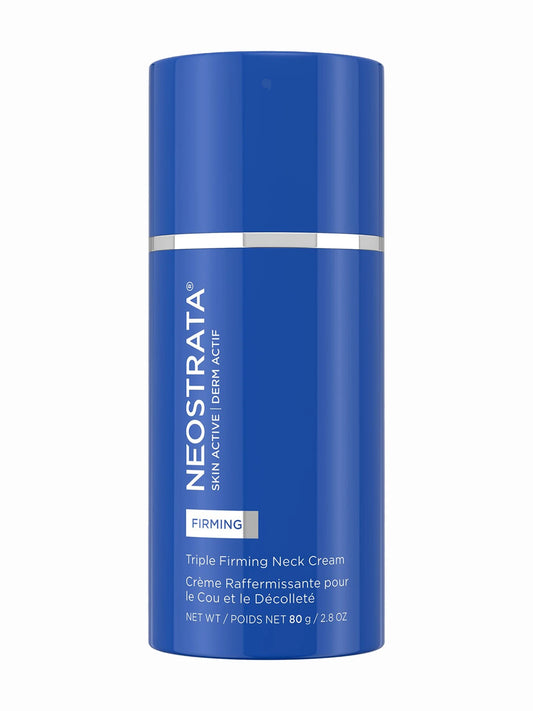 A blue tube of NeoStrata Triple Firming Neck Cream with white and silver text detailing the product's benefits and ingredients.