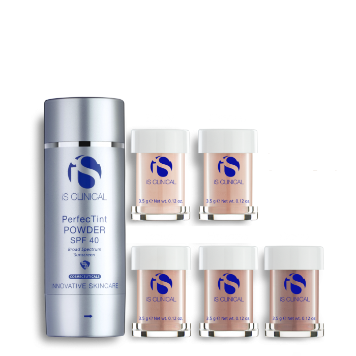 A collection of five PerfecTint Powder SPF40 bottles in various shades, displayed next to the packaging box.
