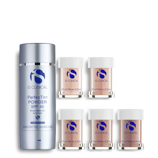 A collection of five PerfecTint Powder SPF40 bottles in various shades, displayed next to the packaging box.