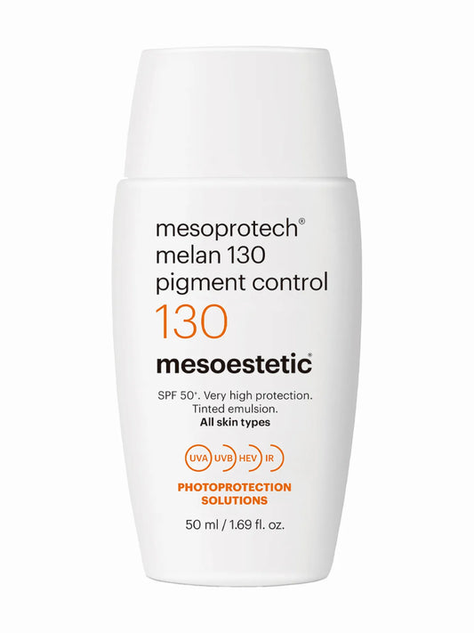 A bottle of Mesoprotect Melan 130+ Pigment Control sunscreen lotion with a white and orange label, indicating high protection, fixed pigmentation, and photo protection features.