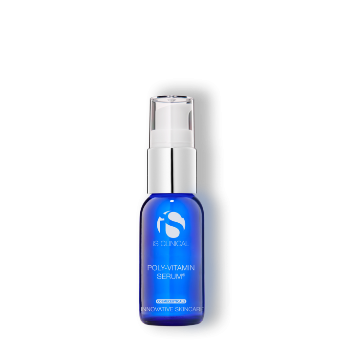 A blue bottle of Poly-Vitamin Serum with a white pump dispenser, labeled for skin care.