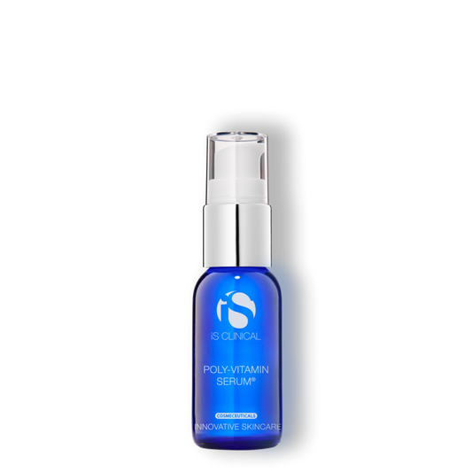 A blue bottle of Poly-Vitamin Serum with a white pump dispenser, labeled for skin care.