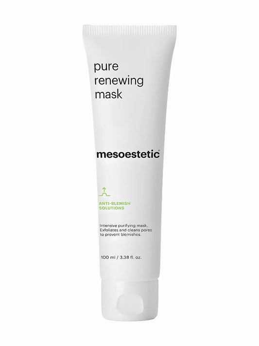 A tube of Mesoestetic Pure Renewing Mask, designed for exfoliating and purifying the skin.