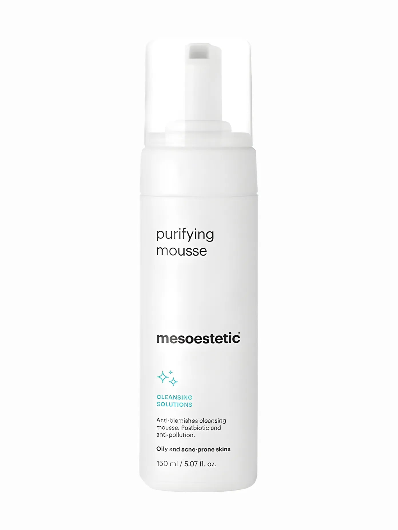 A pump bottle of Mesoestetic purifying mousse with a white label and blue text.