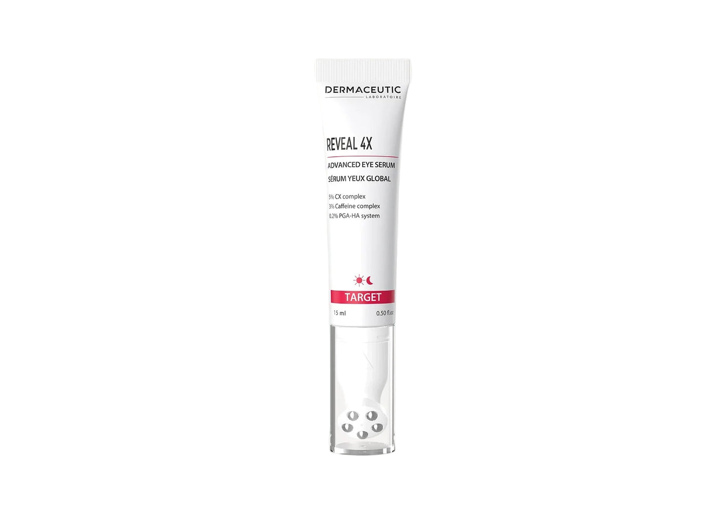 A white tube of Dermaceutic Reveal 4X eye serum with red and silver text, designed for targeting dark circles, bags, fine lines, and dehydration under the eyes.