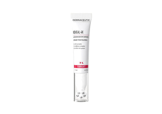 A white tube of Dermaceutic Reveal 4X eye serum with red and silver text, designed for targeting dark circles, bags, fine lines, and dehydration under the eyes.