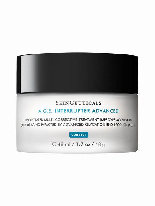 SkinCeuticals A.G.E Interrupter Advanced anti-wrinkle cream in a black and white jar with product information and branding.