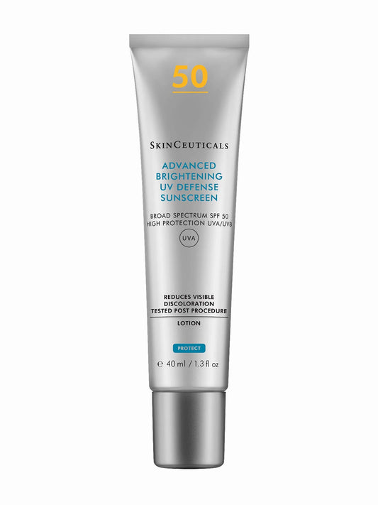 SkinCeuticals Advanced Brightening Sunscreen SPF 50 in a white tube with blue and silver text detailing the product name and benefits.