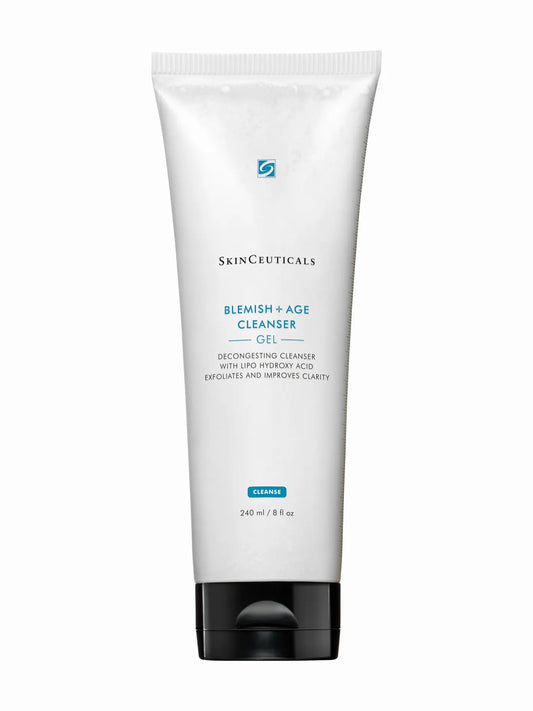 SkinCeuticals Blemish + Age Cleanser Gel in a white tube with blue and black text, indicating the product is for acne and aging skin.