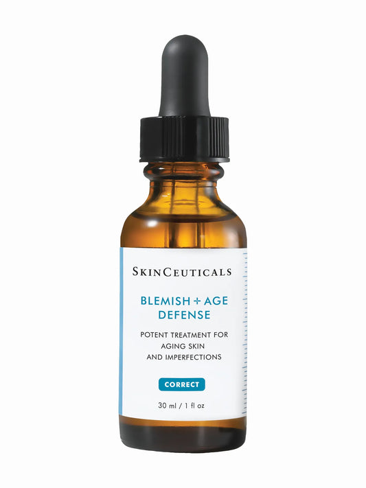 A bottle of SkinCeuticals Blemish + Age Defense Serum with a dropper cap.