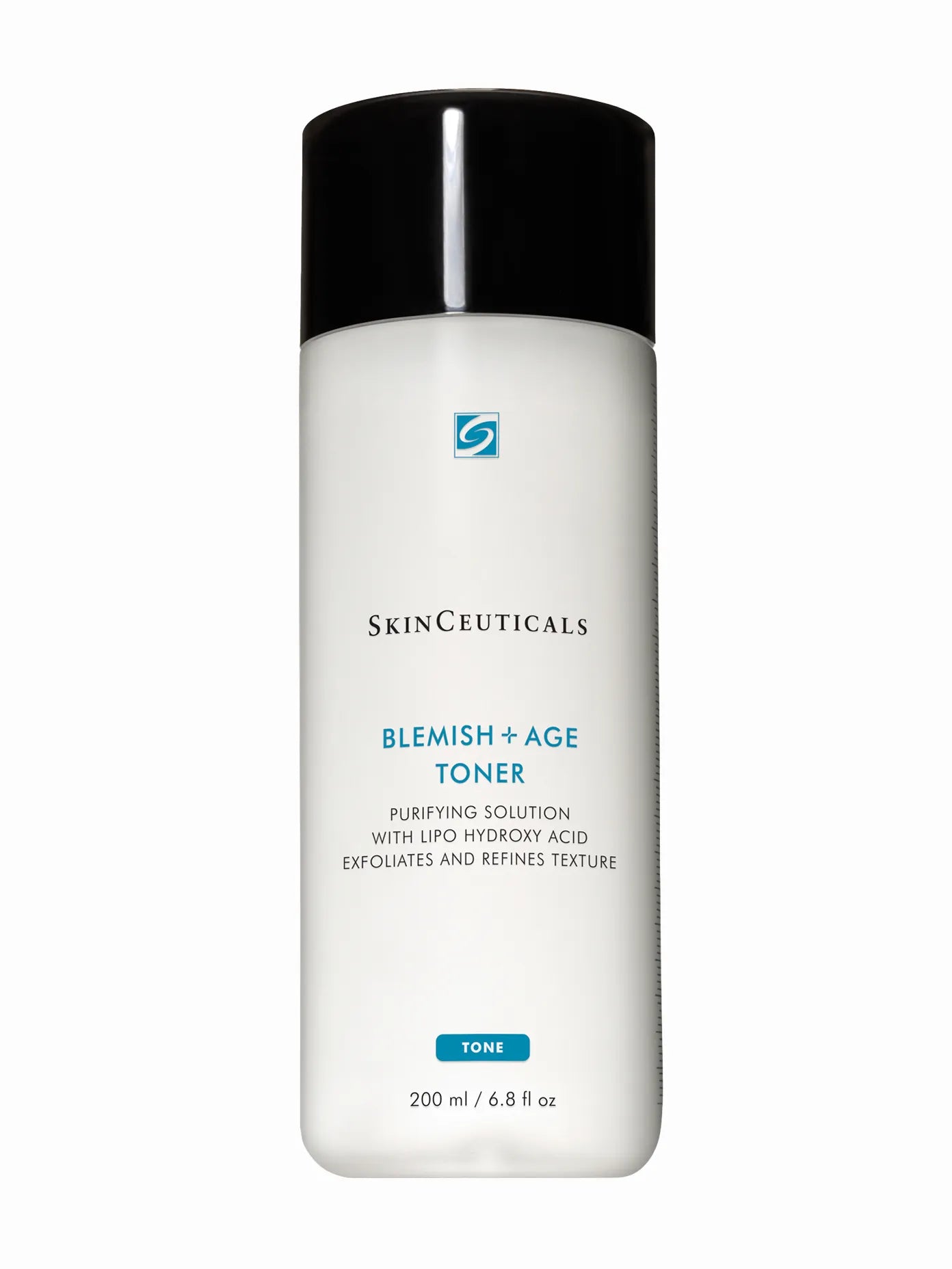 A bottle of SkinCeuticals Blemish + Age Toner, which is a purifying solution for exfoliating and rejuvenating the skin.