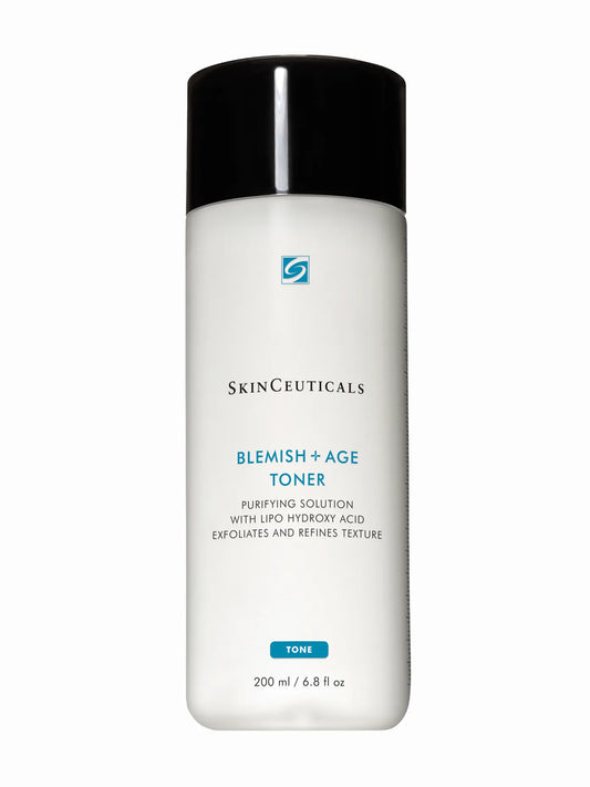 A bottle of SkinCeuticals Blemish + Age Toner, which is a purifying solution for exfoliating and rejuvenating the skin.