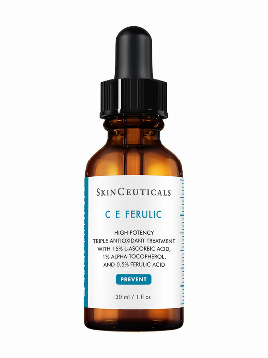 A bottle of SkinCeuticals C E Ferulic antioxidant serum with a dropper cap.