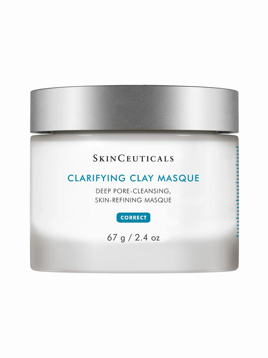 A jar of SkinCeuticals Clarifying Clay Masque, designed for deep pore cleansing and skin refining.