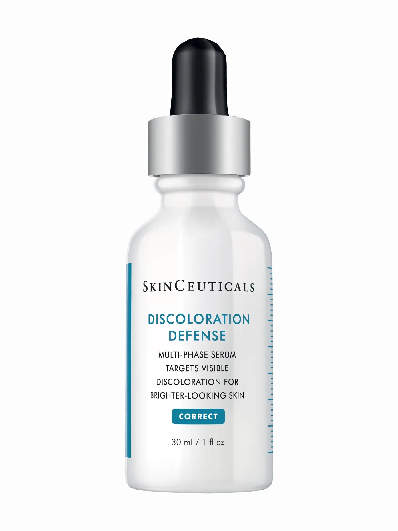 A bottle of SkinCeuticals Discoloration Defense serum with a dropper top, labeled for correcting dark spots and hyperpigmentation.