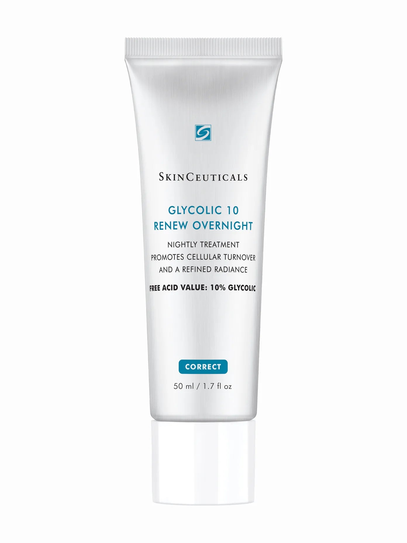 A white tube packaging of SkinCeuticals Glycolic 10 Renew Overnight cream with blue and green text.