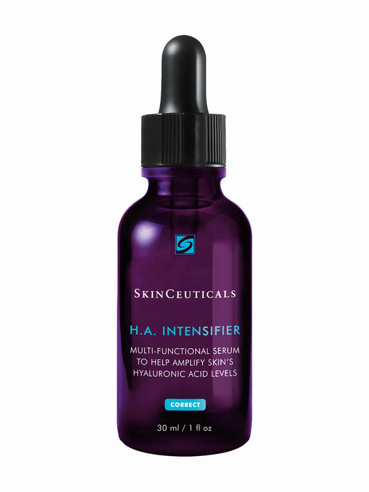 A purple bottle with a dropper cap for SkinCeuticals HA Intensifier serum, which is a skincare product designed to improve skin's hyaluronic acid levels.