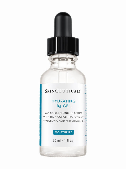 A bottle of SkinCeuticals Hydrating B5 Gel with a dropper, labeled for moisture enhancement with hyaluronic acid and vitamin B5.