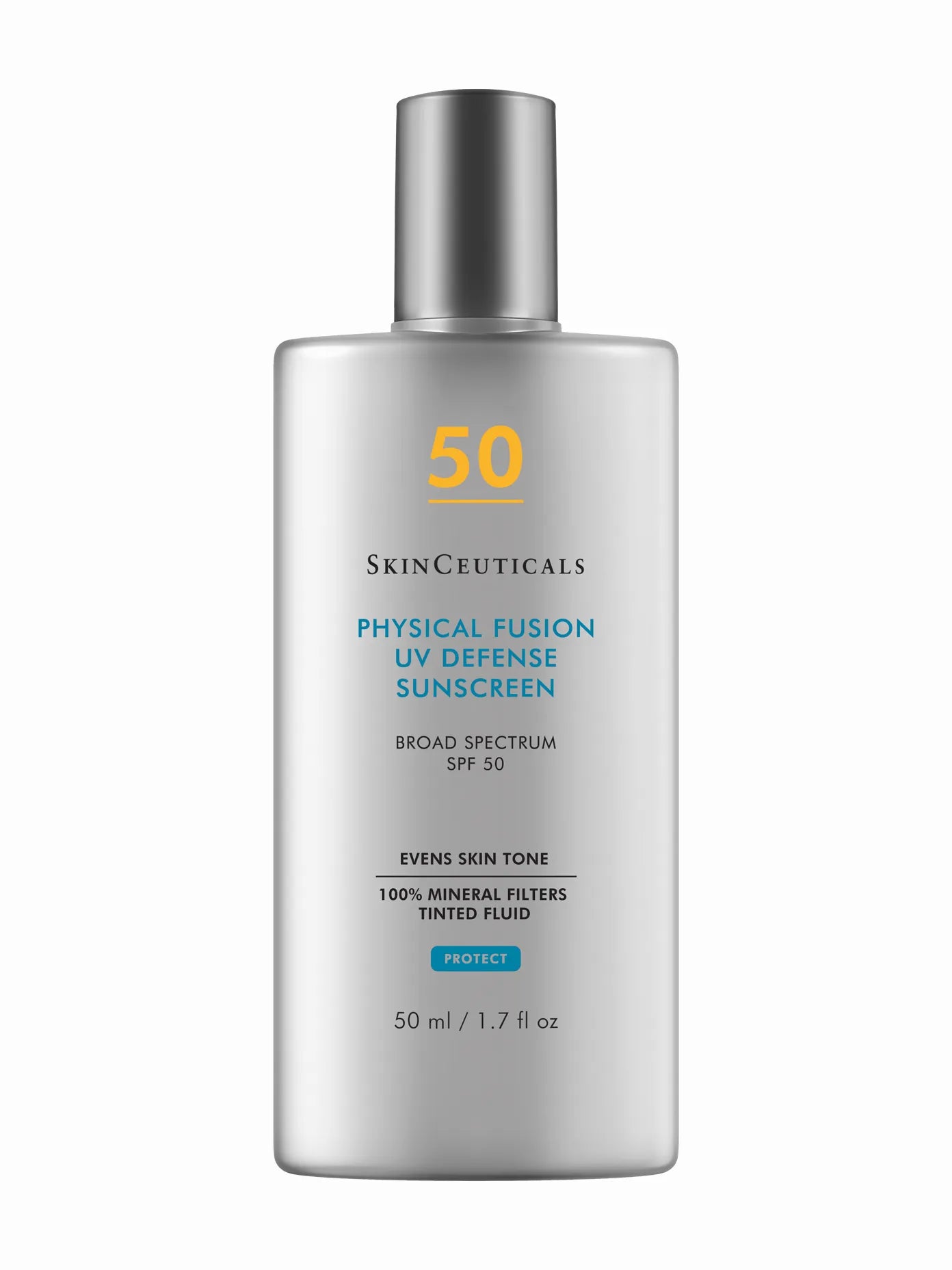 A bottle of SkinCeuticals Physical Fusion UV Defense SPF 50 sunscreen lotion.