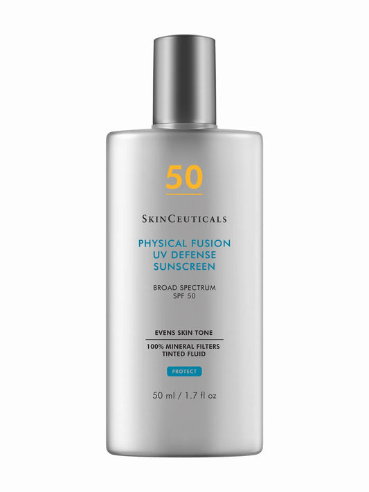 A bottle of SkinCeuticals Physical Fusion UV Defense SPF 50 sunscreen lotion.