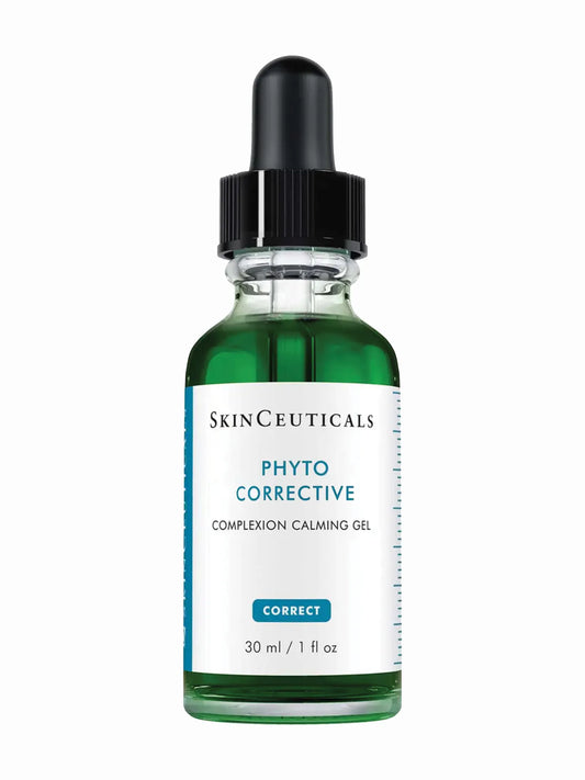 A bottle of SkinCeuticals Phyto Corrective Gel with a dropper, primarily green in color with white and black labeling.