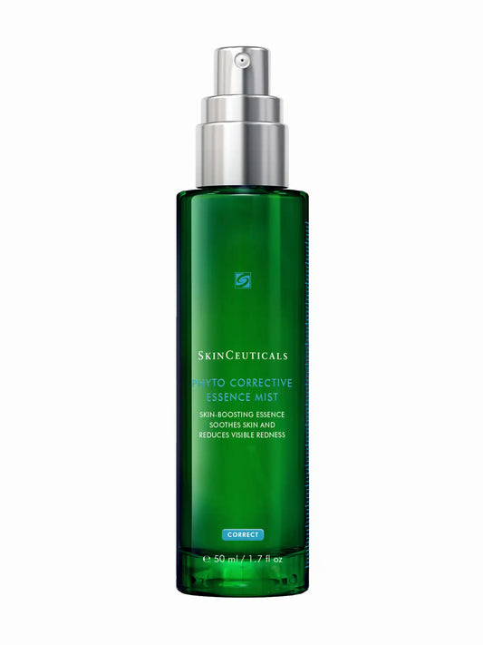 A green bottle of SkinCeuticals Phyto Corrective Essence Mist with a spray pump.