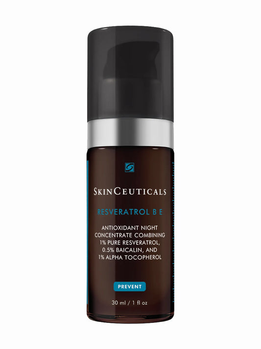 A bottle of SkinCeuticals Resveratrol B E antioxidant night concentrate serum.