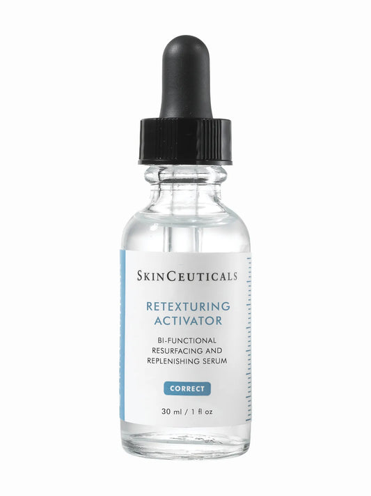 A bottle of SkinCeuticals Retexturing Activator serum with a dropper, labeled as a bi-functional resurfacing serum for exfoliation and hydration.