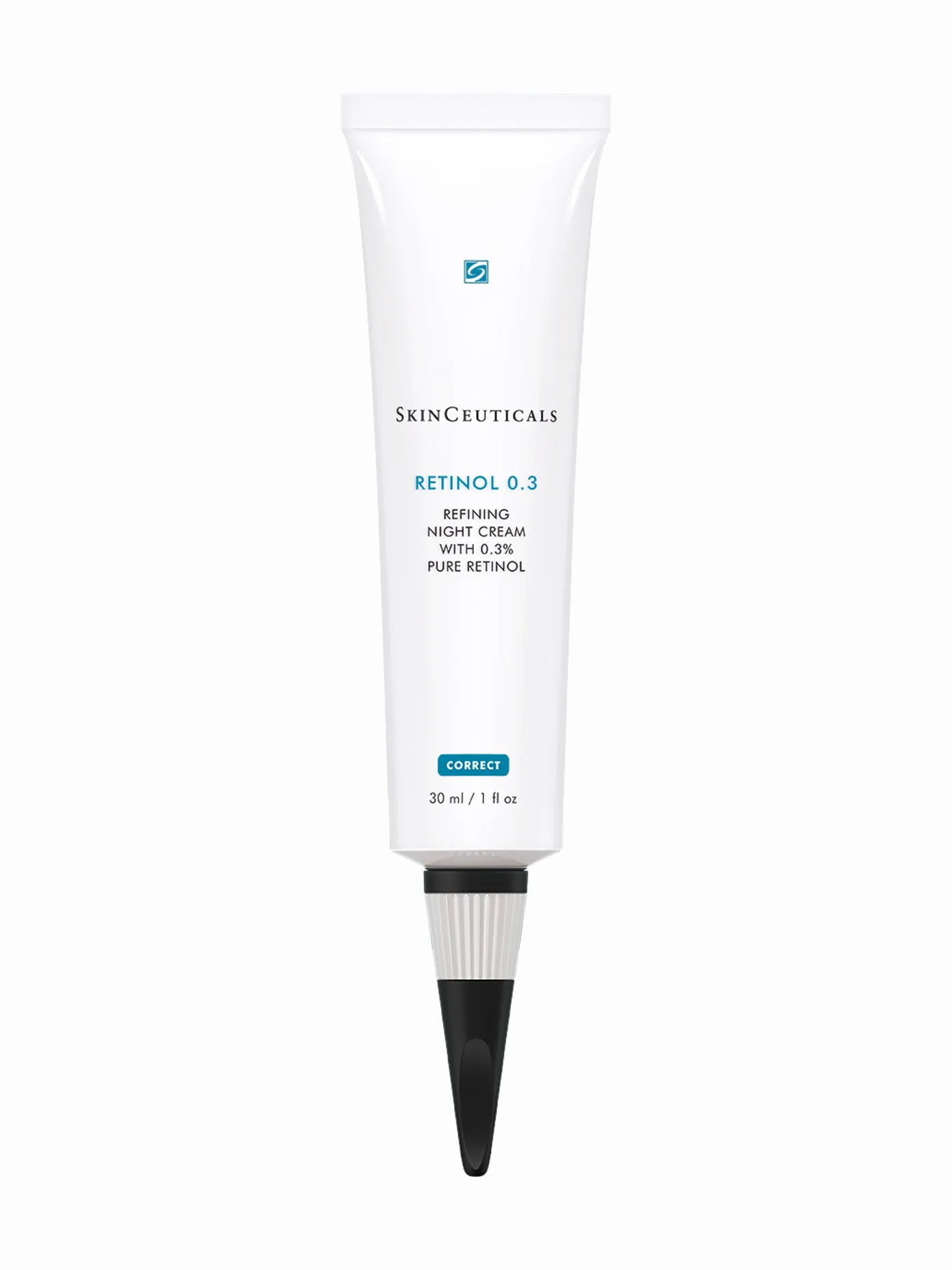 A white tube packaging of SkinCeuticals Retinol 0.3 cream with blue and black text, designed for applying to the skin after cleansing in the evening.