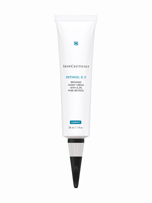 A white tube packaging of SkinCeuticals Retinol 0.3 cream with blue and black text, designed for applying to the skin after cleansing in the evening.