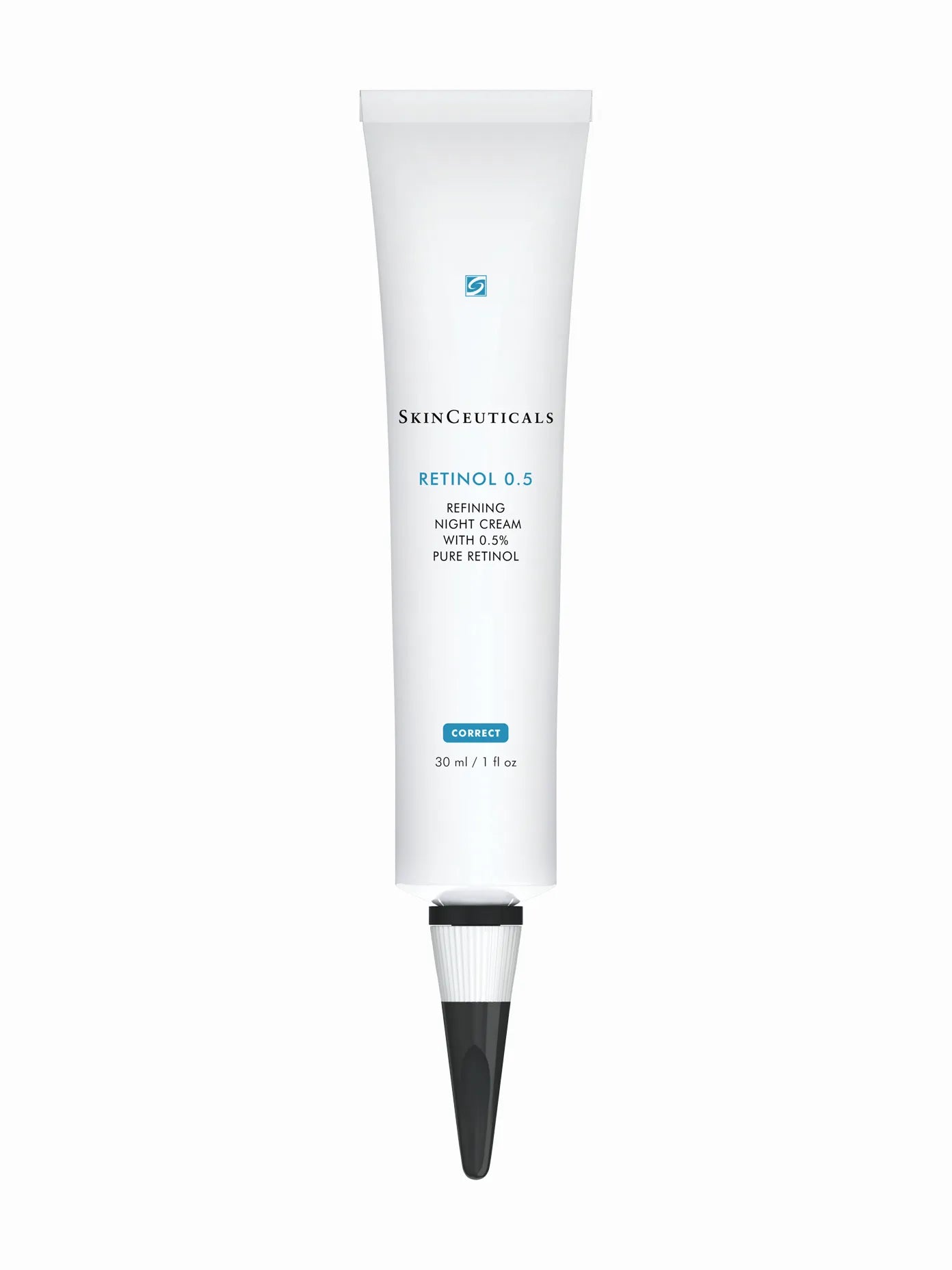 A white tube of SkinCeuticals Retinol 0.5 cream with blue and red branding, designed for apply to the skin overnight.