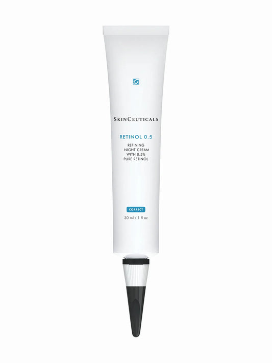 A white tube of SkinCeuticals Retinol 0.5 cream with blue and red branding, designed for apply to the skin overnight.