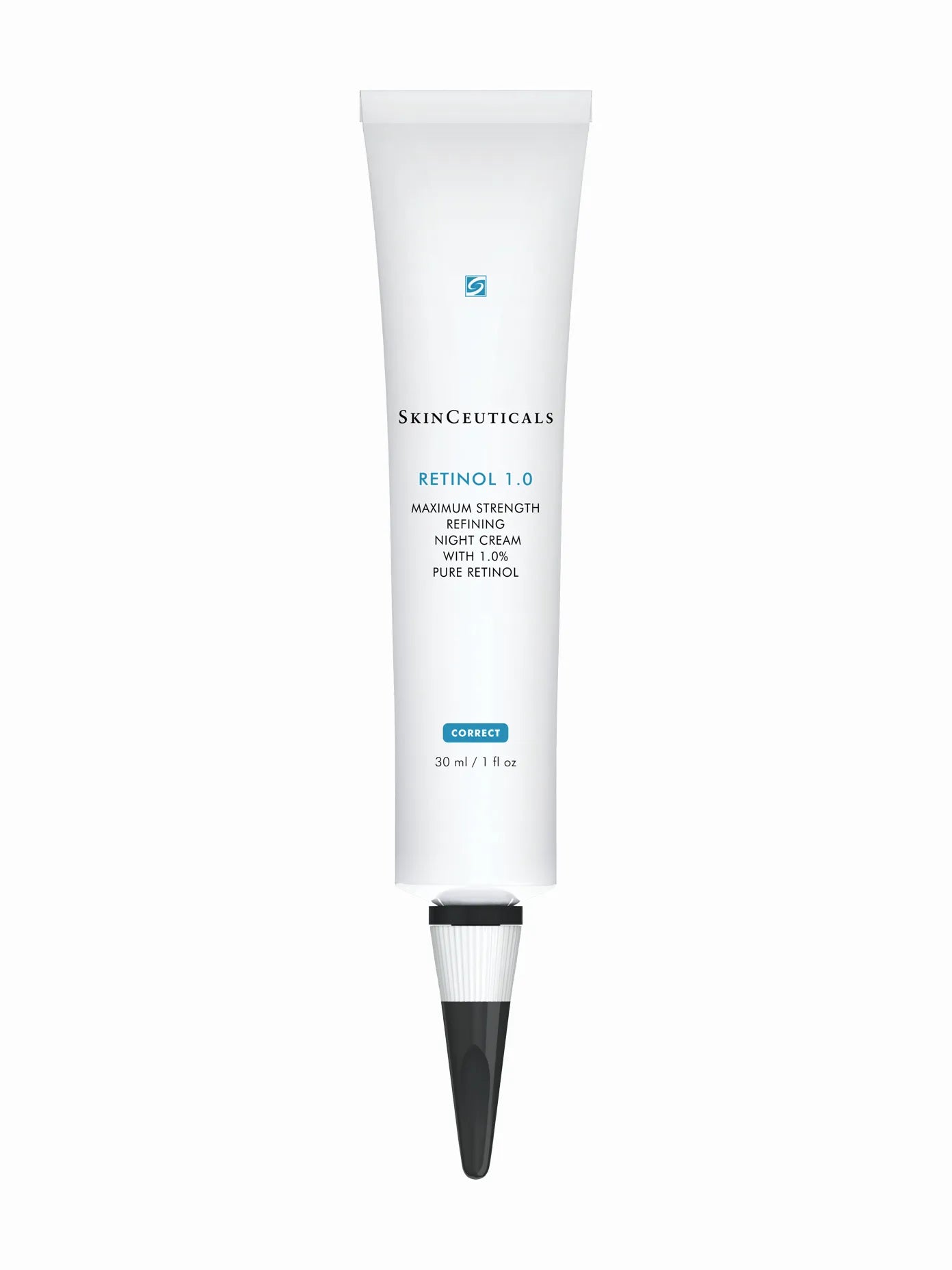 A white tube packaging of SkinCeuticals Retinol 1.0 cream with blue and red branding.