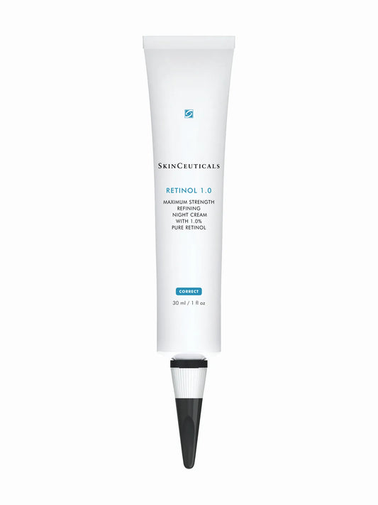 A white tube packaging of SkinCeuticals Retinol 1.0 cream with blue and red branding.