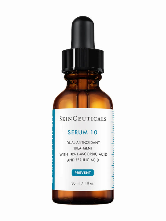 A bottle of SkinCeuticals Serum 10 with a dropper, labeled as a dual antioxidant treatment with 10% L-Ascorbic Acid and Ferulic Acid.