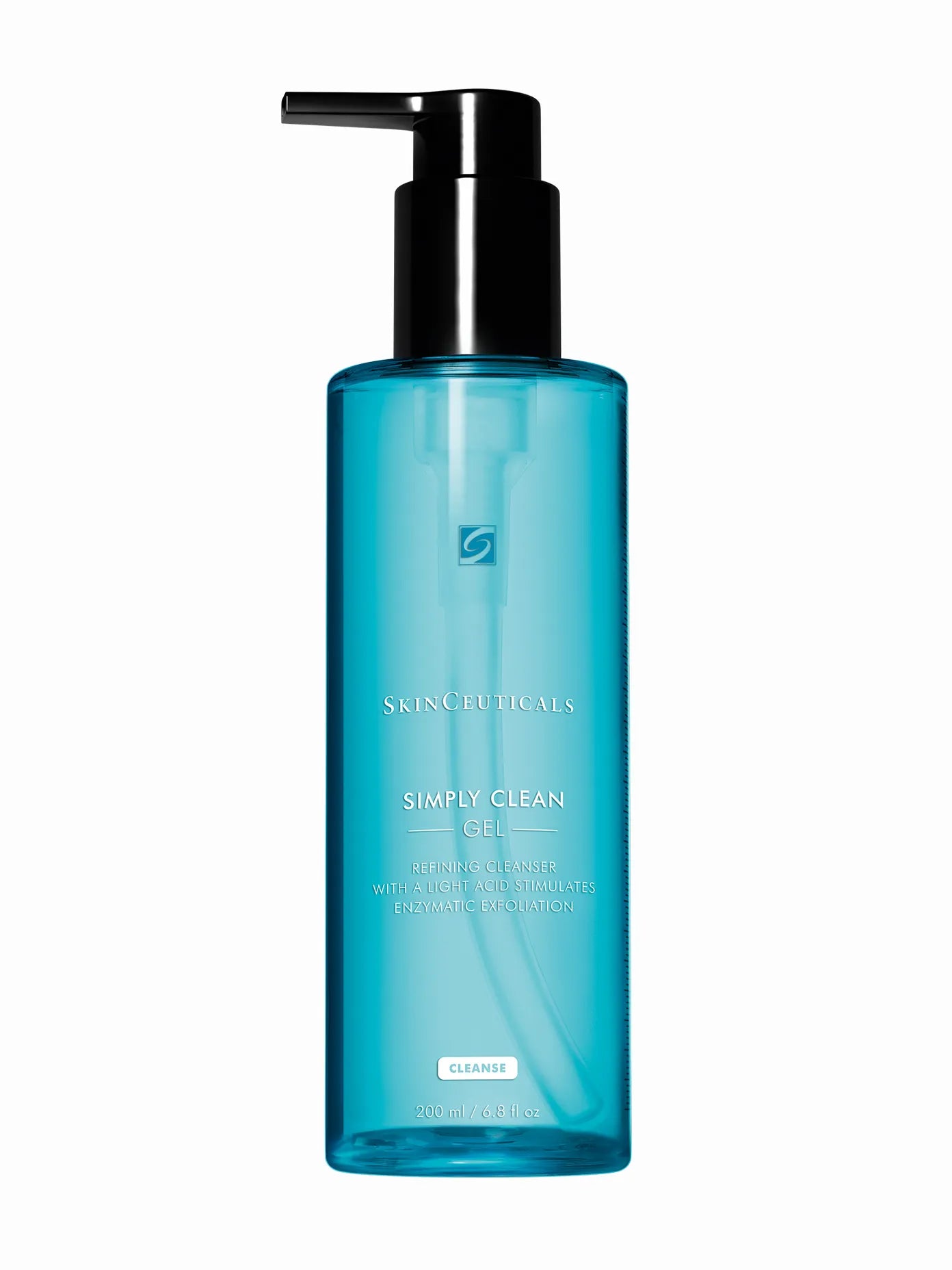 A blue pump bottle labeled SkinCeuticals Simply Clean, an emulsifying gel cleanser.