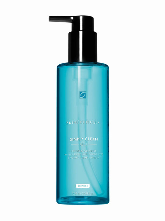 A blue pump bottle labeled SkinCeuticals Simply Clean, an emulsifying gel cleanser.