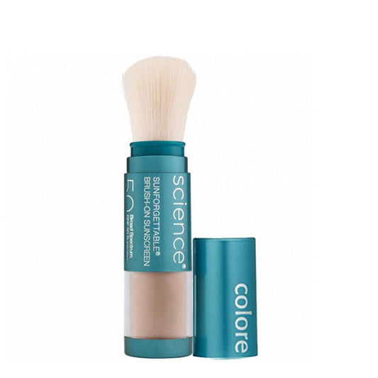 A Colorescience Mineral Sunscreen Brush with SPF 50, displayed next to its open lid, containing a brush applicator.