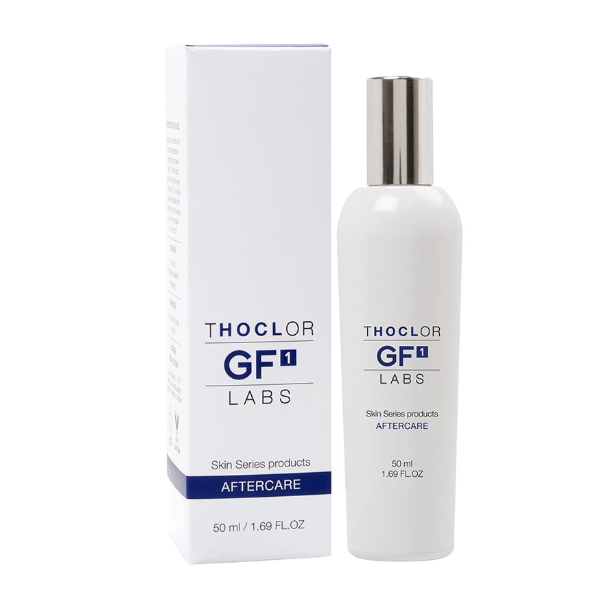 A product image showing Thoclor Skin Series GF1 in a white spray bottle with blue and silver labeling, alongside its packaging box.